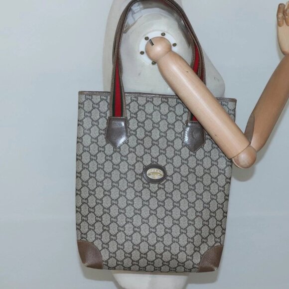 GUCCI GG Plus Supreme Web Sherry Line Tote Bag PVC Beige Red Auth bs26416 - Picture 15 of 16